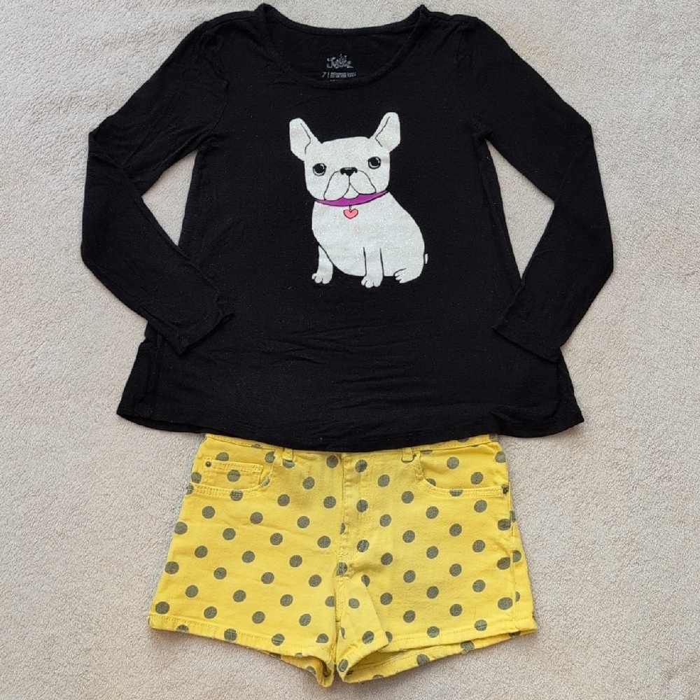 Girls 2pc Outfit Sz 8 Justice Dog Graphic Top & Yellow Polka Dot Pants